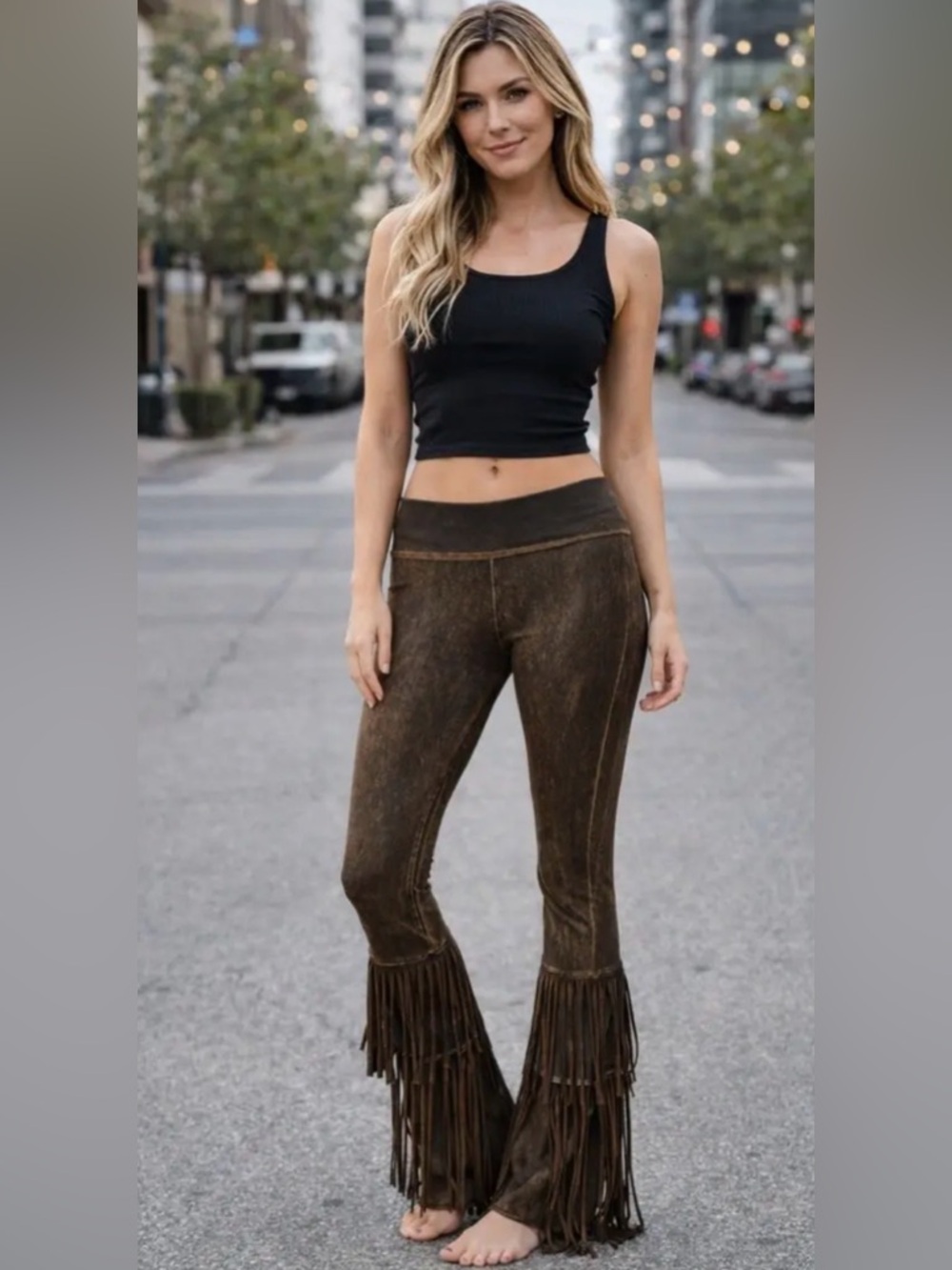 T Party Fashion Brown Fringe Flare Stretch Pants